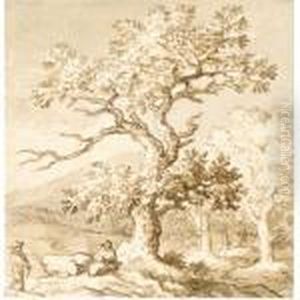 Landscape With Figures Resting By A Tree by Allart Van Everdingen