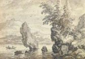 A Rocky Coastal Landscape With Pine Trees, Figures In A Rowing Boatbeyond