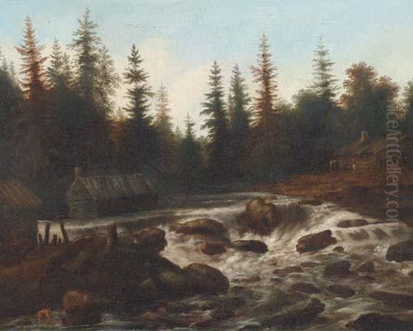 An Extensive Wooded River Landscape With Travellers By Acottage - view 1