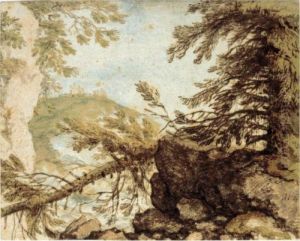 Wooded Mountain Landscape With A Fallen Pine And A Distant Castle by Allart Van Everdingen