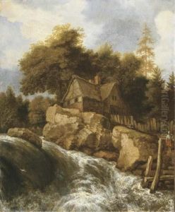 A Rocky Nordic Landscape With Peasants On A Path By A Waterfall,before A Cottage