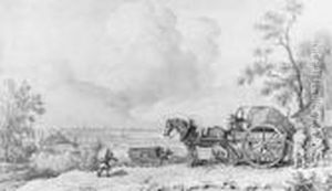 Farmers Covering A Waggon Outside A Farmhouse, An Extensivepanorama Beyond