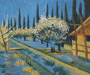 Orchard In Blossom, Bordered By Cypresses