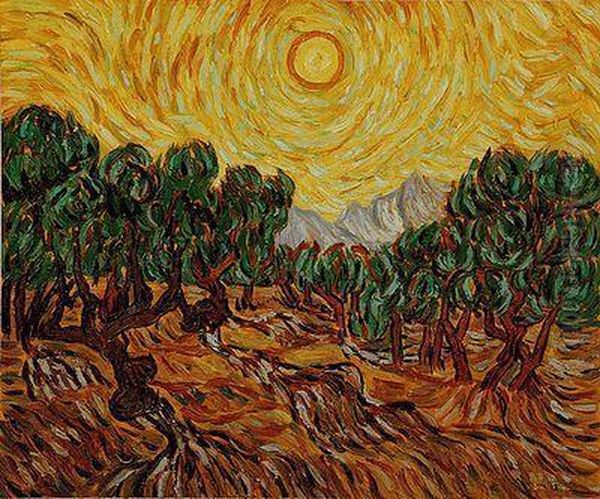Olive Trees With Yellow Sun And Sky - view 1