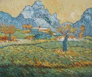Field With Pollard Trees And Mountainous Background