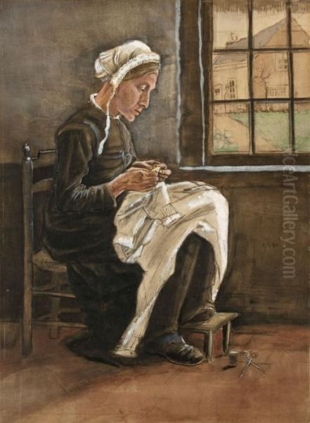 Woman Sewing By The Window, Facing Right - view 1