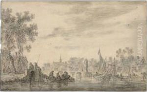 A Riverscape With Figures On Boats by Jan van Goyen