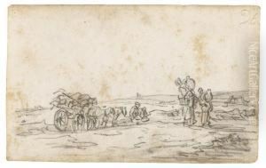 A Haywagon At Left And Women Carrying Jugs