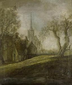 Figures Approaching A Shore On A Barge, A Church On The Horizon