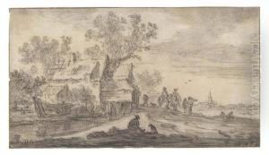 An Inn Beside A Road, A Church Beyond by Jan van Goyen