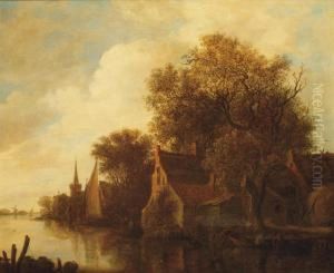 A Riverlandscape With Figures In A Boat Outside A Village by Jan van Goyen