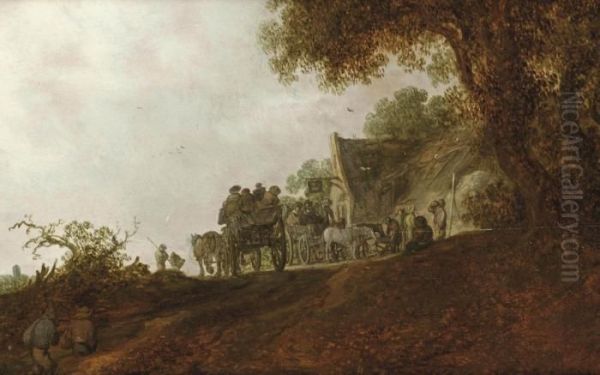 A Landscape With Travellers On A Road And Two Carts In Front Of An Inn - view 1