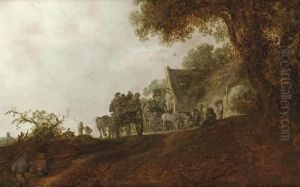 A Landscape With Travellers On A Road And Two Carts In Front Of An Inn