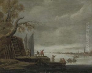 A Wooded River Landscape With 
Figures On A Jetty And Boats Crossing The River, A Town Beyond
