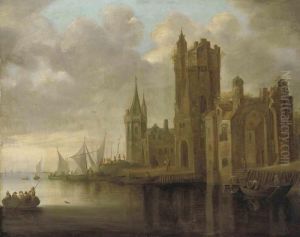 A Riverside Harbour Beside A Fortified Town With Figures by Jan van Goyen