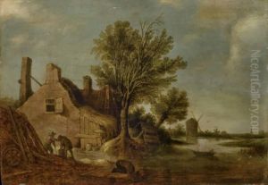 Paysans Travaillant Au Bord D'un Fleuve Pres D'un Moulin by Jan van Goyen
