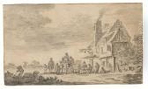 Mehrstockiges Wirtshaus Mit Kamin Und Aushangeschild Rechts An Der Landstrasse - view 1