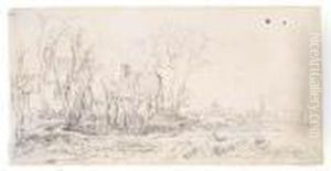 Links Hollandisches Bauernhaus Mit Nebengebauden Hinter Baumen by Jan van Goyen