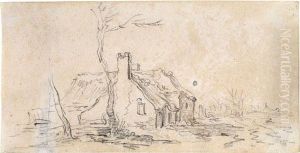 Zwei Baume Links, Dahinter Ein Grosses Gehoft, Rechts Ein Weg by Jan van Goyen