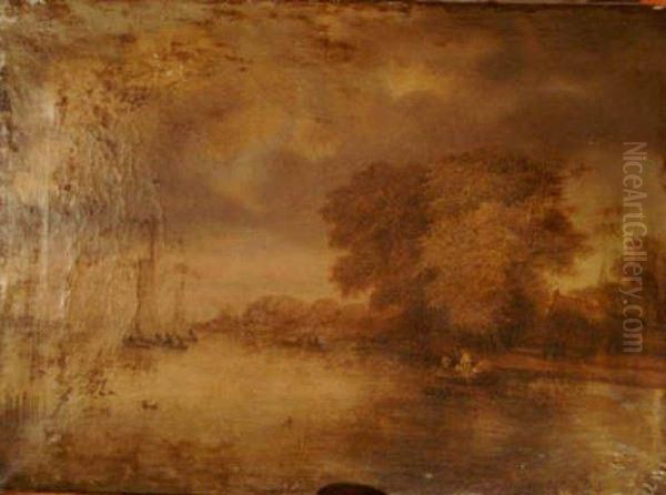 Boats Andpeasants On A Calm River Landscape - view 1
