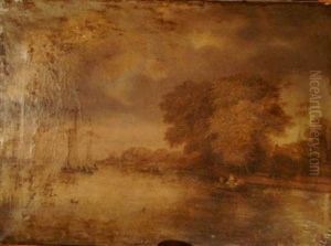 Boats Andpeasants On A Calm River Landscape Boats Andpeasants On A Calm River Landscape