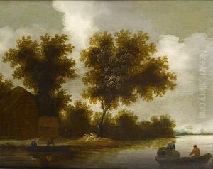 A Farmhouse In A Wood, Before A River Landscape, With Rowing Boats In The Foreground by Jan van Goyen