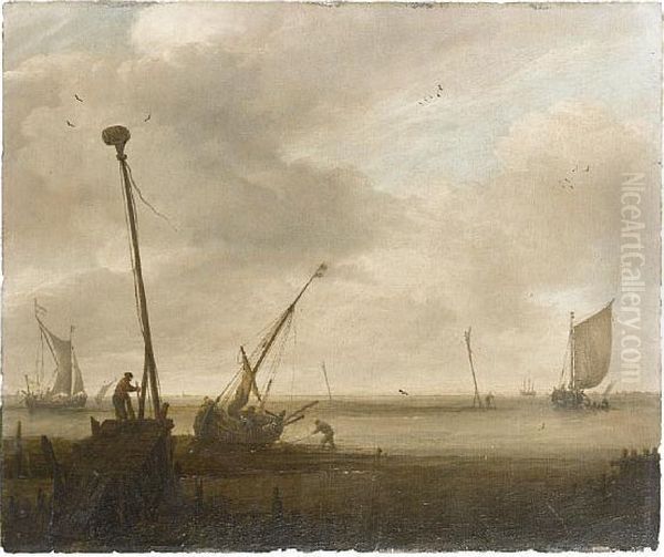 Low Tide On The Dutch Coast,
With A Hoy On The Foreshore And Other Coastal Craft At Anchor Nearby; - view 1