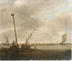 Low Tide On The Dutch Coast,
With A Hoy On The Foreshore And Other Coastal Craft At Anchor Nearby; by Jan van Goyen