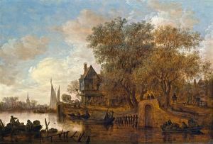 Flusslandschaft Mit Einem Mehrstockigen Wirtshaus