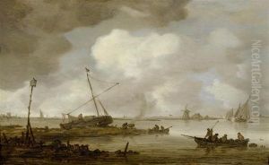 River Landscape With Fishing Boats. by Jan van Goyen