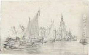 View Of Amsterdam, With Boats Moored On A Canal, A Church Towerbehind by Jan van Goyen