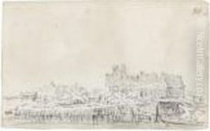 A Village By A River, With A Bridge To The Right