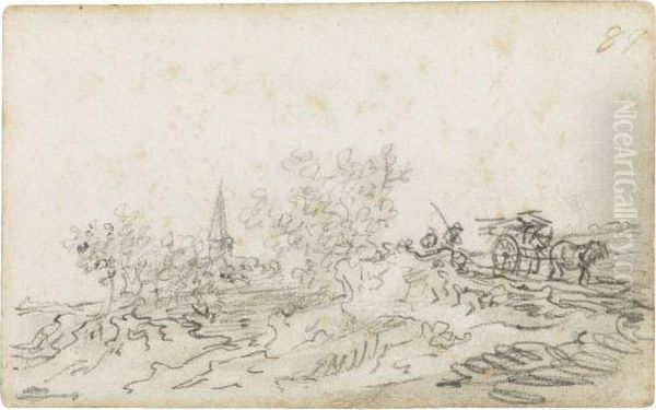 A Horse And Cart On A Path, A Church Tower In The Background - view 1
