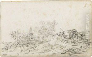 A Horse And Cart On A Path, A Church Tower In The Background by Jan van Goyen