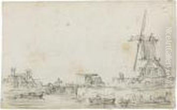 A Drawbridge Over A River, A Windmill To The Right And Houses Tothe Left - view 1
