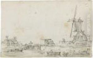 A Drawbridge Over A River, A Windmill To The Right And Houses Tothe Left by Jan van Goyen