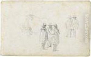 Two Groups Of Standing Men, And A Cow
