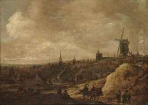A Village Landscape With A Windmill, Peasants With A Horse Andcarriage On A Track