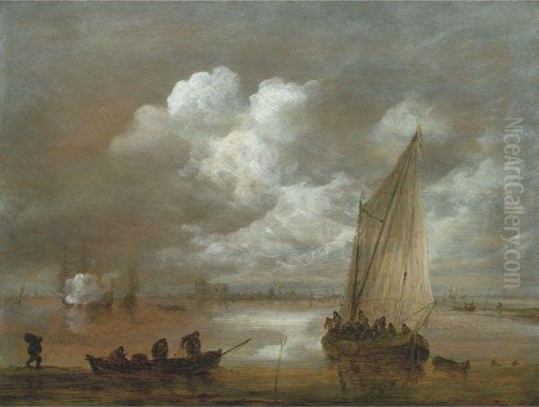 River Landscape With Figures In A
Sailing Boat, Other Figures Ina Rowing Boat, A Three Master Firing A
Salute In The Background - view 1