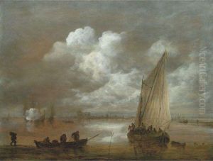 River Landscape With Figures In A
 Sailing Boat, Other Figures Ina Rowing Boat, A Three Master Firing A 
Salute In The Background by Jan van Goyen
