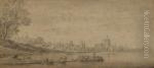 Vue D'arnhem Avec Promeneurs En Barques Sur Le Rhin - view 1