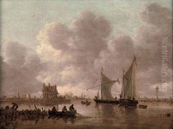 'smalschips' On The Kil Near The
Oude Wachthuis With Fishermenraising A Net Off A Jetty, The Grote Kerk
At Dordrecht Beyond - view 1
