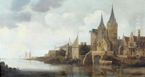 A Fortified Riverside Town With Fishing Boatsnearby by Jan van Goyen
