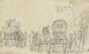 Two Horse-drawn Carts In Front Ofan Inn