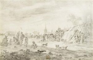 Market Goers With Campsand Wagons by Jan van Goyen