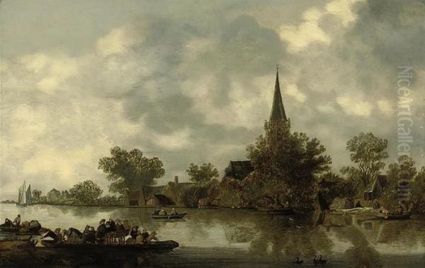 A River Landscape With A Church, A Ferry And Figures In Rowingboats - view 1