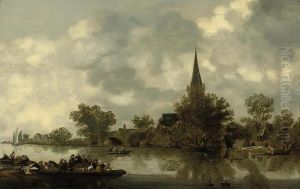 A River Landscape With A Church, A Ferry And Figures In Rowingboats