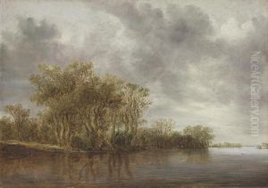 A Wooded River Landscape With Boatmen Near The Bank by Jan van Goyen