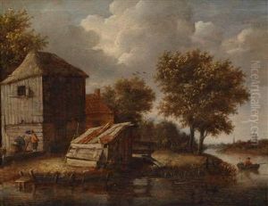 Flusslandschaft Mit Gebauden Am Ufer