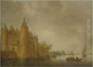 Figures In A Rowing Boat On A Wide River Before A Largecastle
